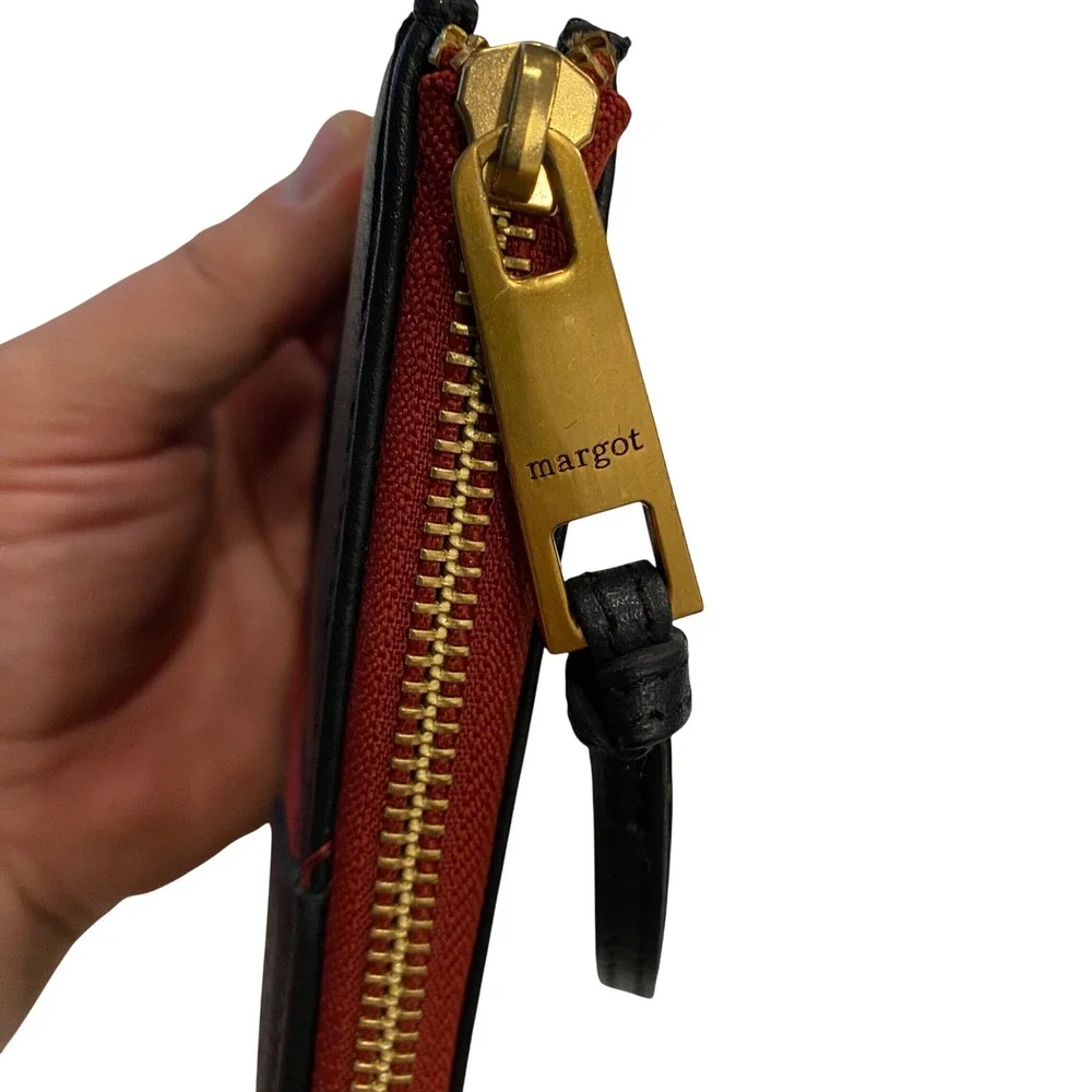 Margot New York Black Leather Wristlet Wallet Red Blue Stripe Gold Hardware EUC